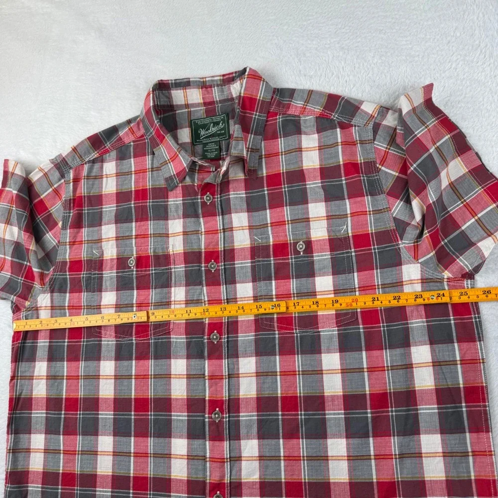 Woolrich Button Down Shirt Mens XL Red Plaid Short Sleeve Organic Cotton Stretch